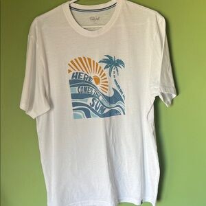 White Tee with Blue Waves and Yellow Sun Graphic